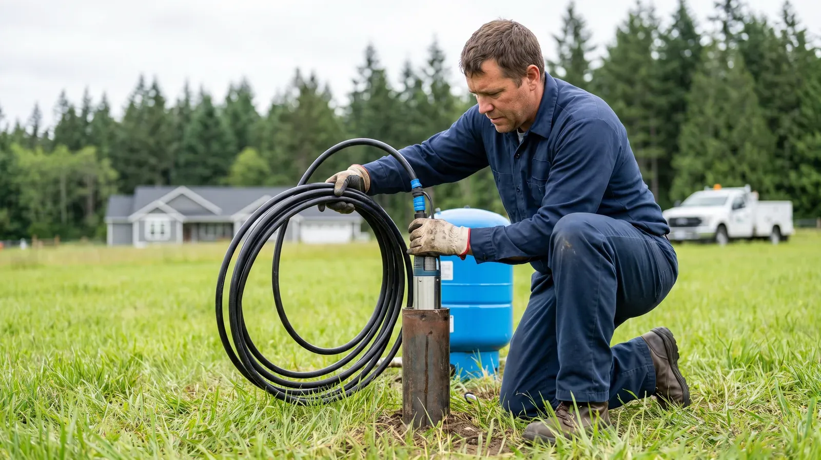 Technician servicing a well pressure tank and pump controls at a Whatcom County, WA home